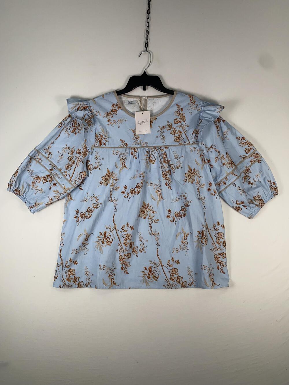 Sage Vell Blouse Womens XL Blue Floral 3/4 Balloon Sleeve Ruffle Round Neck Top